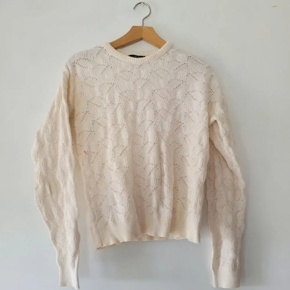Vintage Lands' End Elegant Cream Knit  Sweater 100% Cotton Long Sleeve